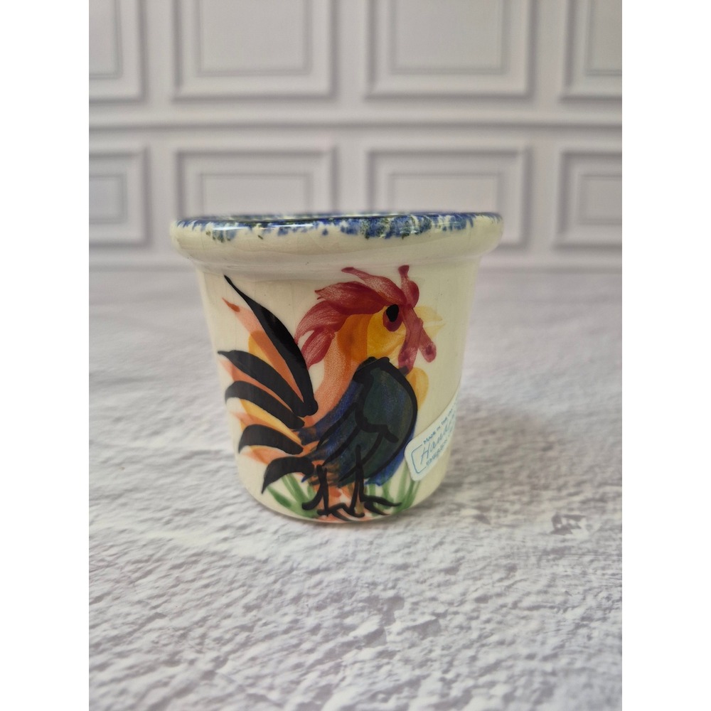 Emerson Creek Pottery Hand Painted Rooster Crock Blue Sponged Rim 2000 USA Made